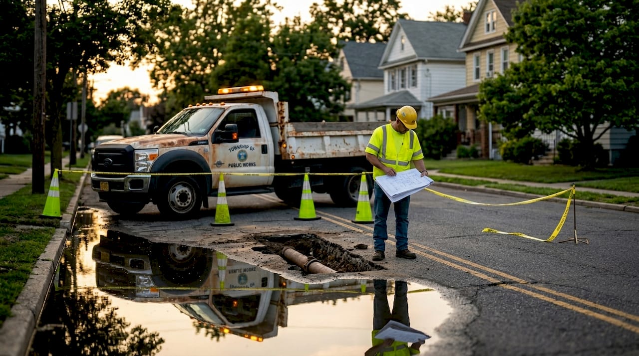 Utility crew repairing water main break