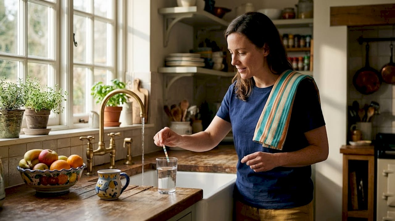 Person using water quality test kit at sink