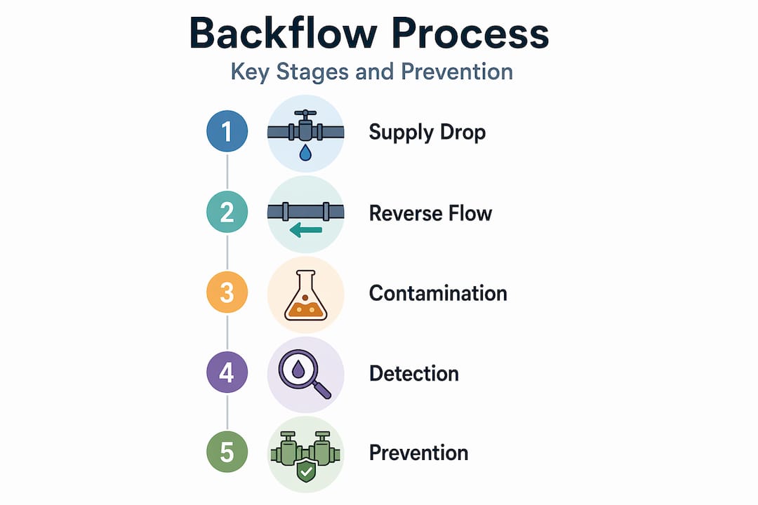 Vertical flow steps showing water backflow and prevention