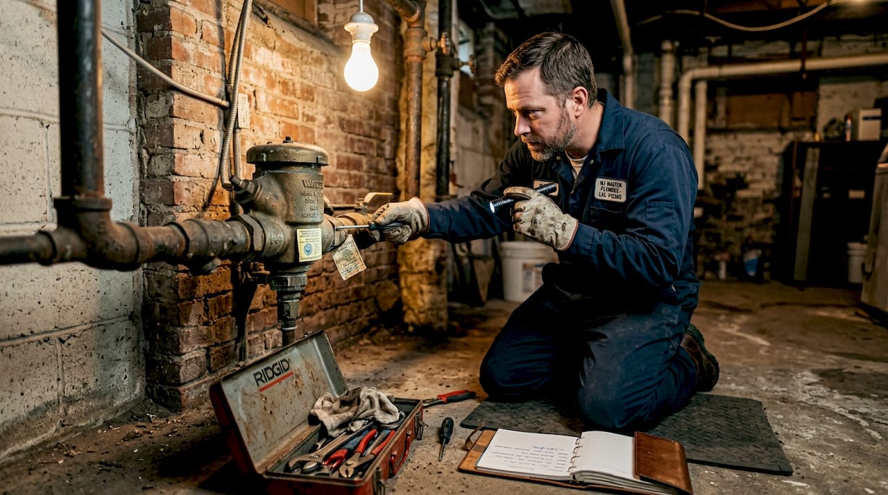 Plumber inspects basement backflow valve