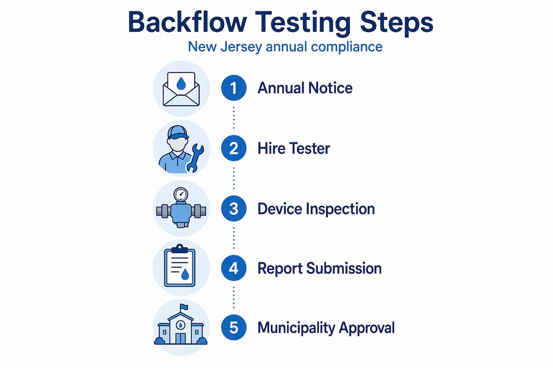 Infographic with NJ backflow testing steps