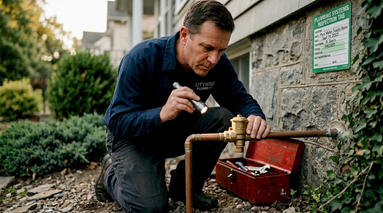 Plumber inspects outdoor backflow valve device