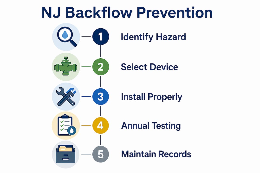 Infographic illustrating NJ backflow prevention steps