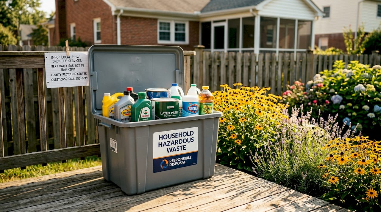 Household hazardous waste bin with labels