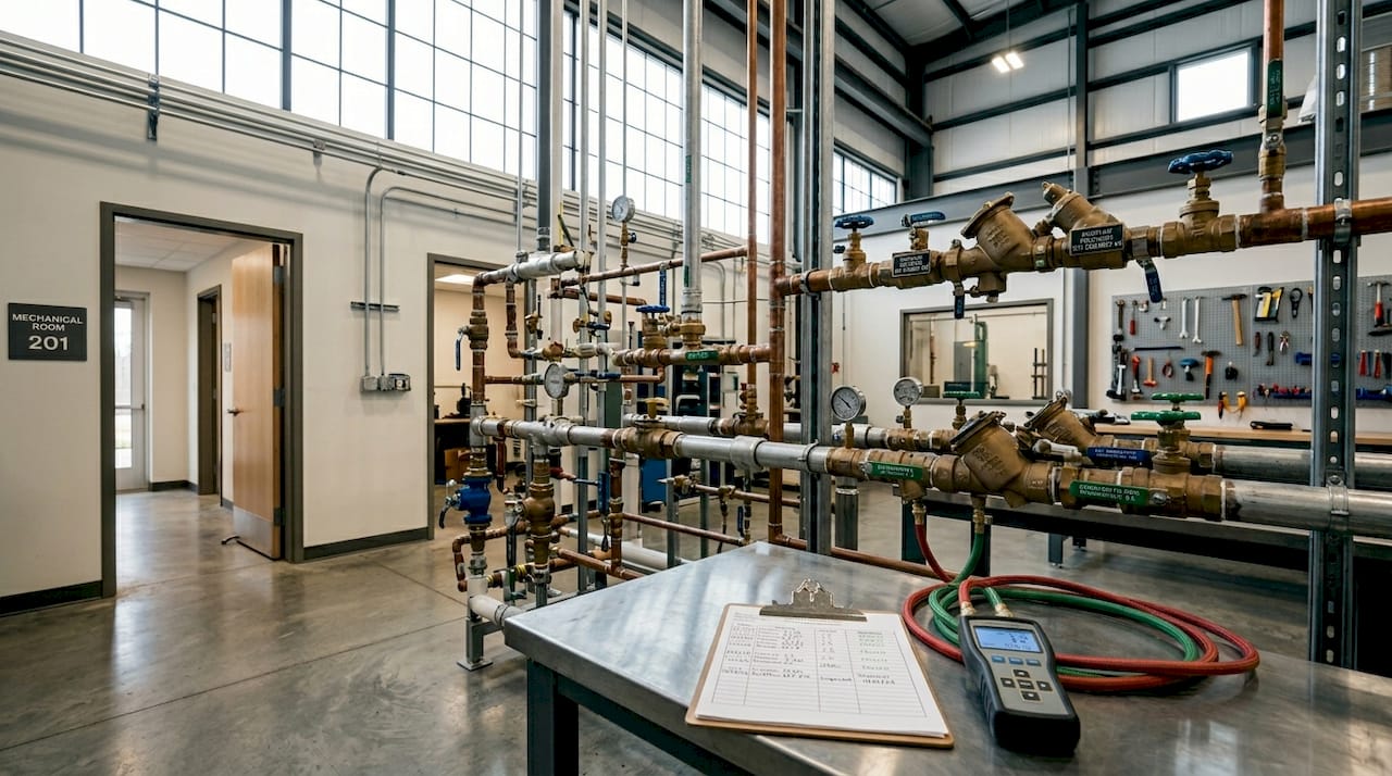 Children's facility plumbing with cross-connection devices