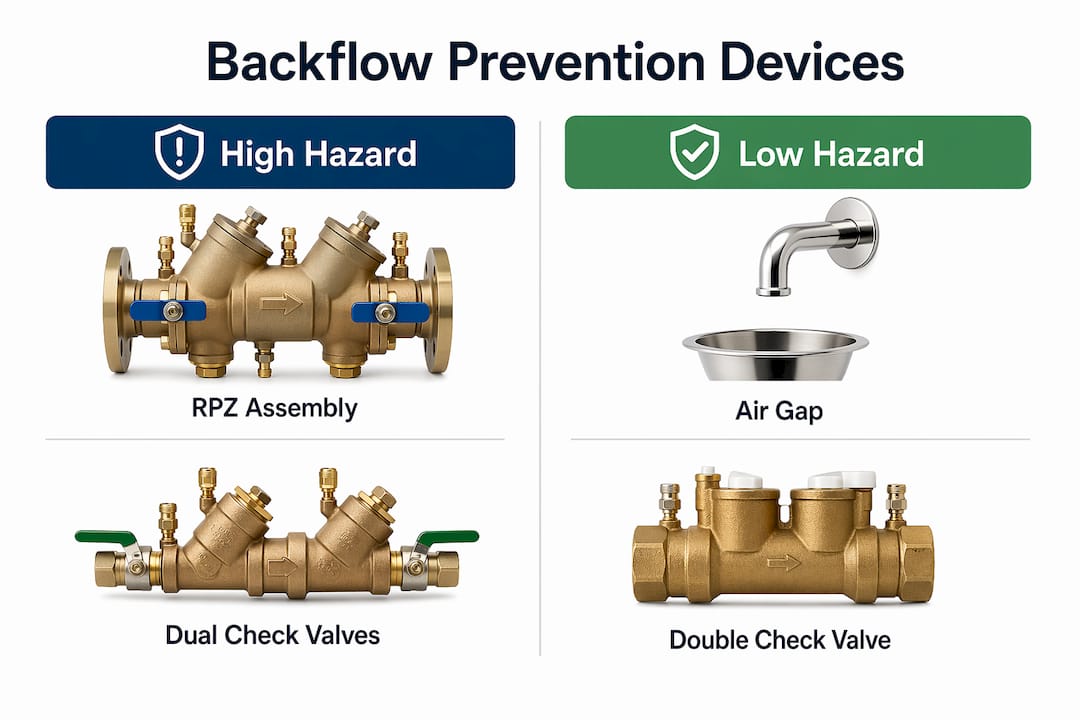 Infographic comparing backflow prevention devices by hazard level