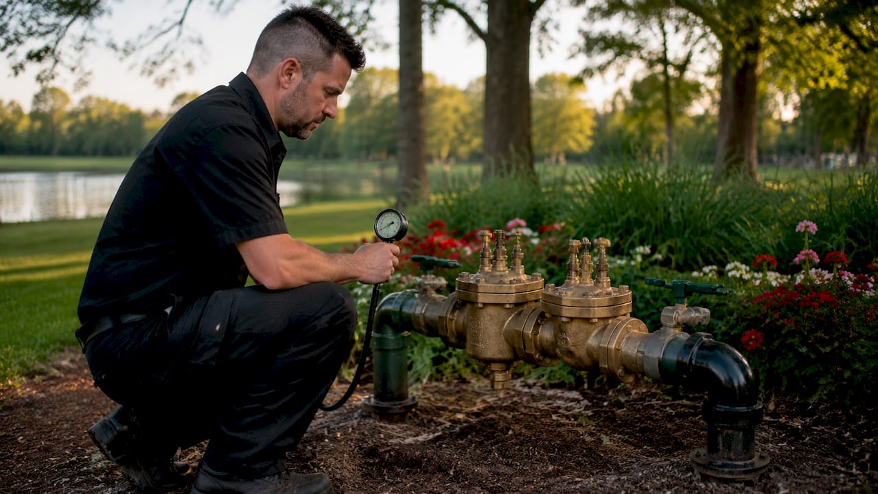 Technician hands inspecting backflow preventer outdoors