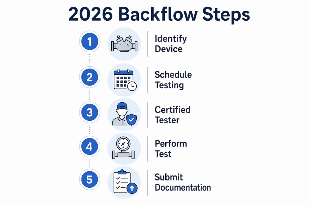Infographic showing 2026 backflow compliance steps