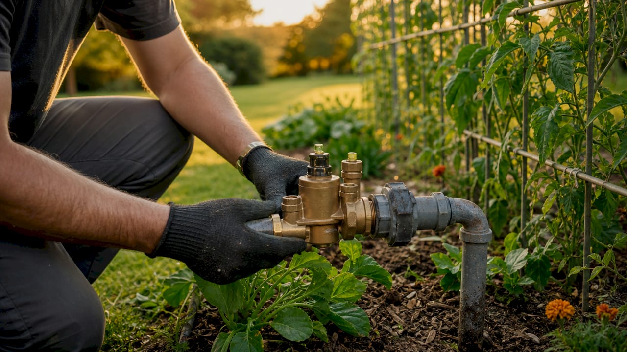 Hands installing outdoor backflow prevention device