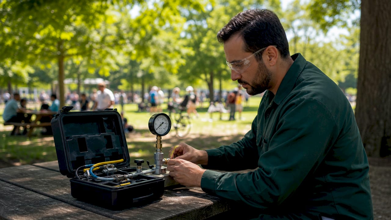 Technician calibrating backflow testing equipment