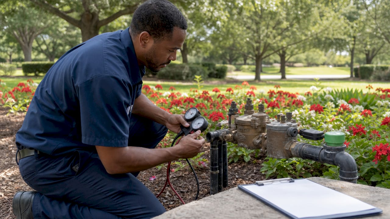 Certified tester inspecting backflow prevention assembly