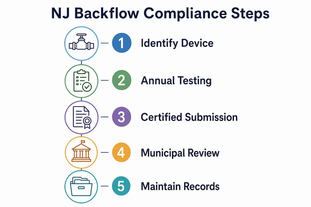 Infographic showing NJ backflow compliance steps