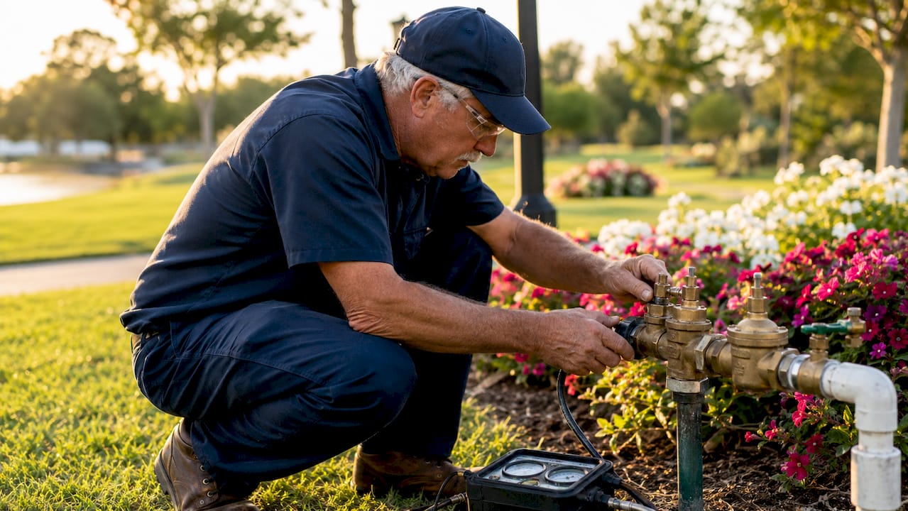 Technician testing backflow prevention device indoors