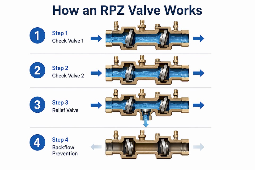 Infographic illustrating RPZ valve operation steps