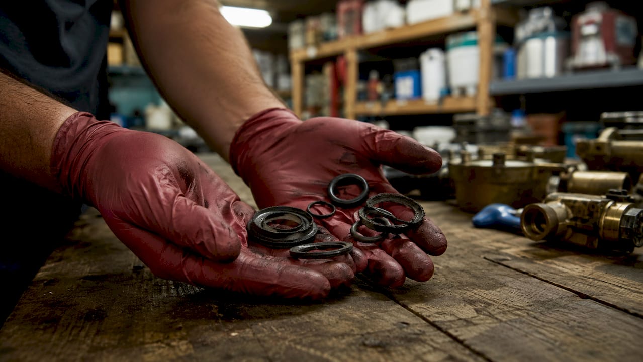 Close-up of worn rubber washers and O-rings