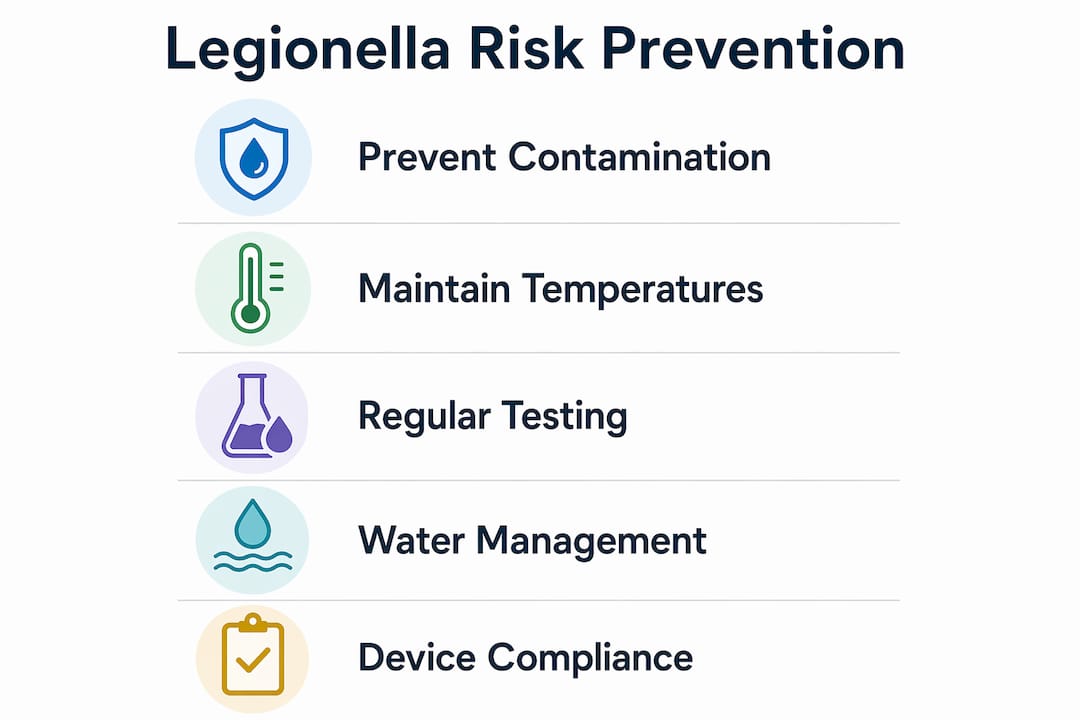 Infographic illustrating legionella risk prevention steps