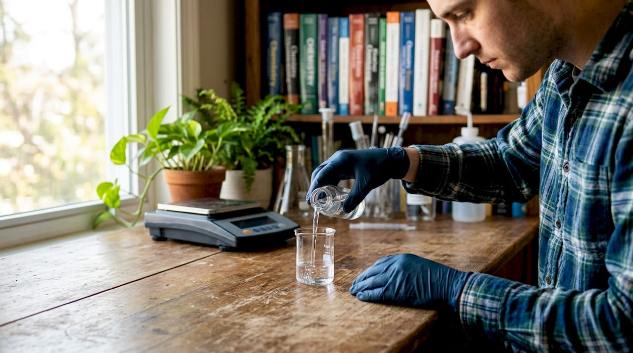 Hands holding water vial in laboratory setting