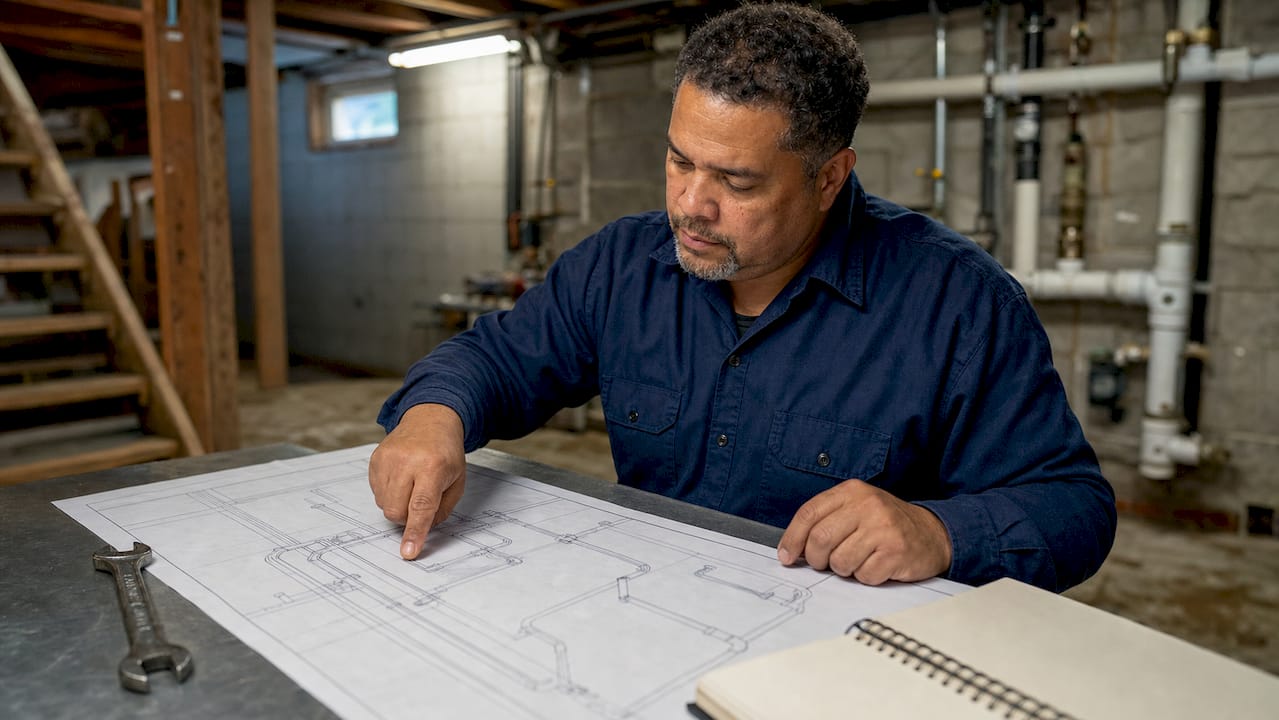Hands pointing at basement plumbing layout plan