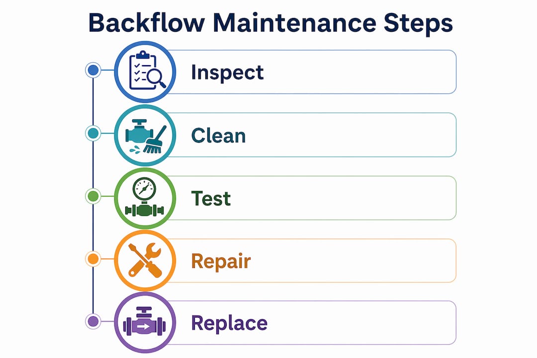 Infographic illustrating steps to maintain backflow preventer