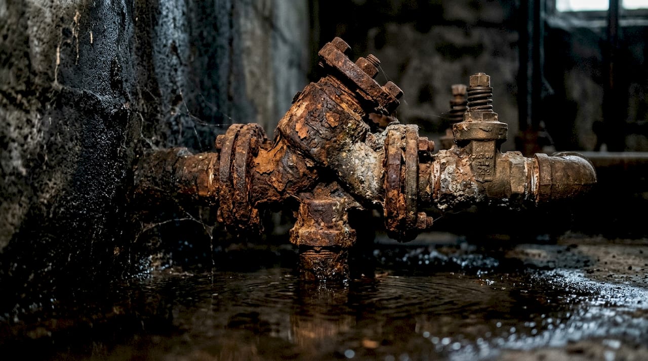 Close-up of rusted backflow preventer pipes and valves