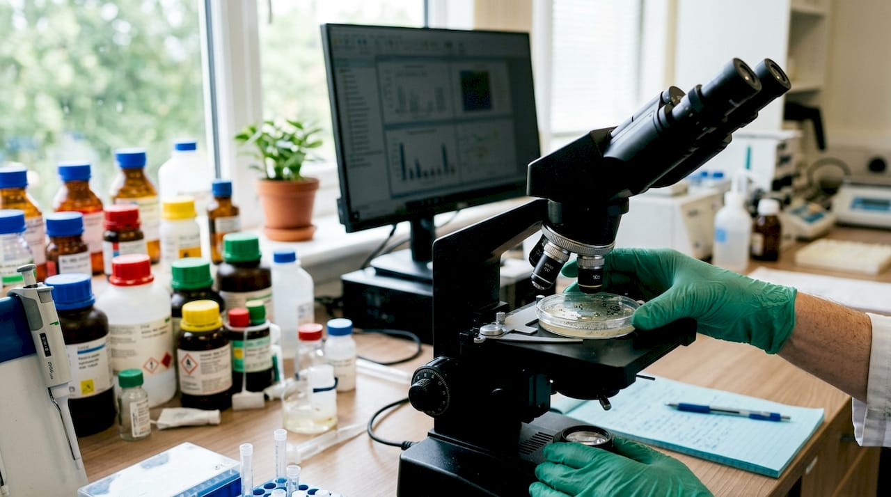 Lab technician testing water sample under microscope
