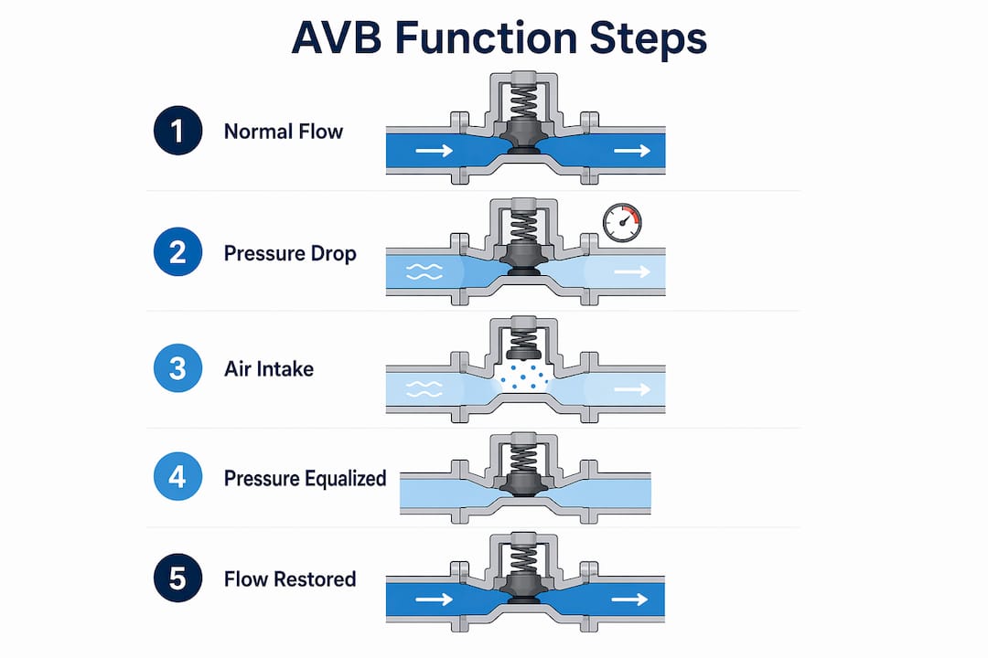 Infographic illustrating key steps of atmospheric vacuum breaker operation