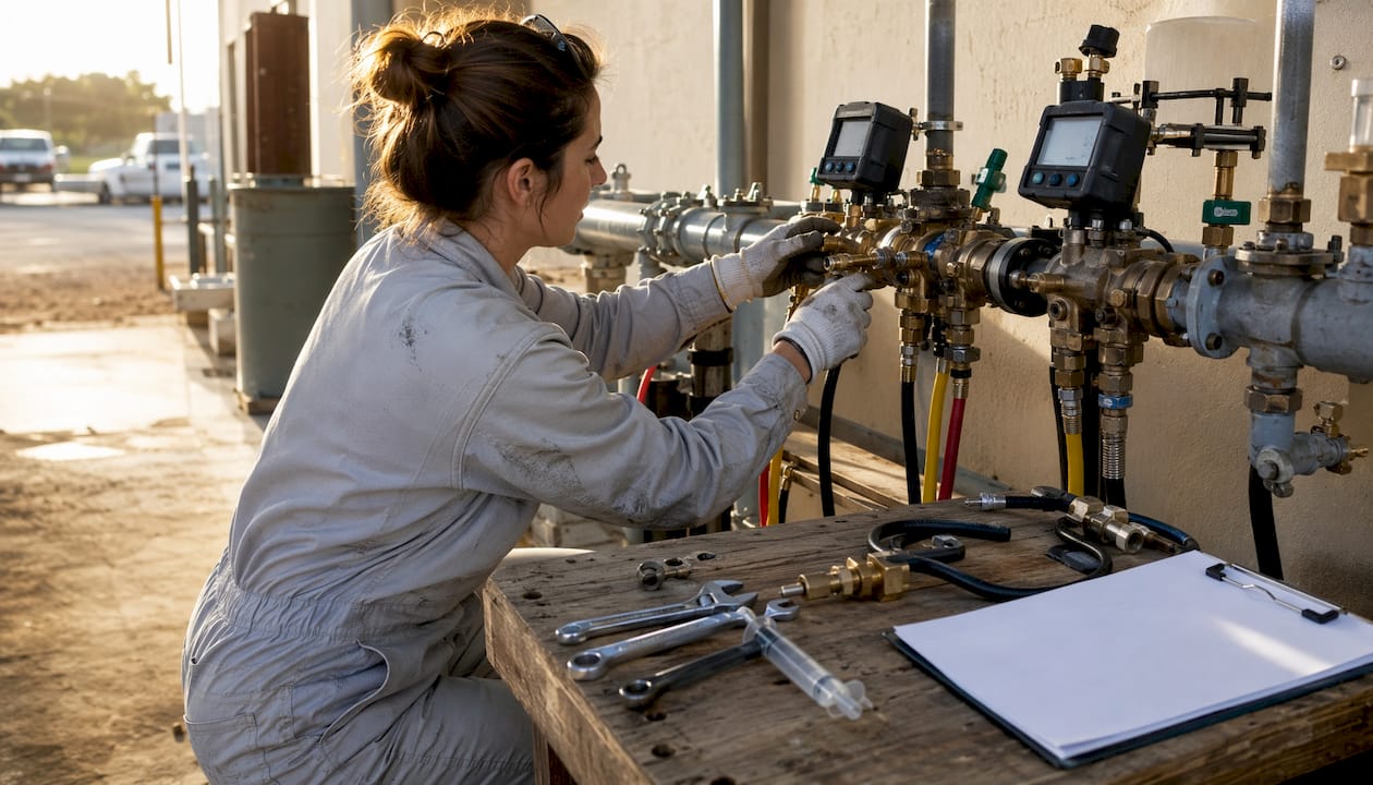 Close-up of hands adjusting digital backflow kit