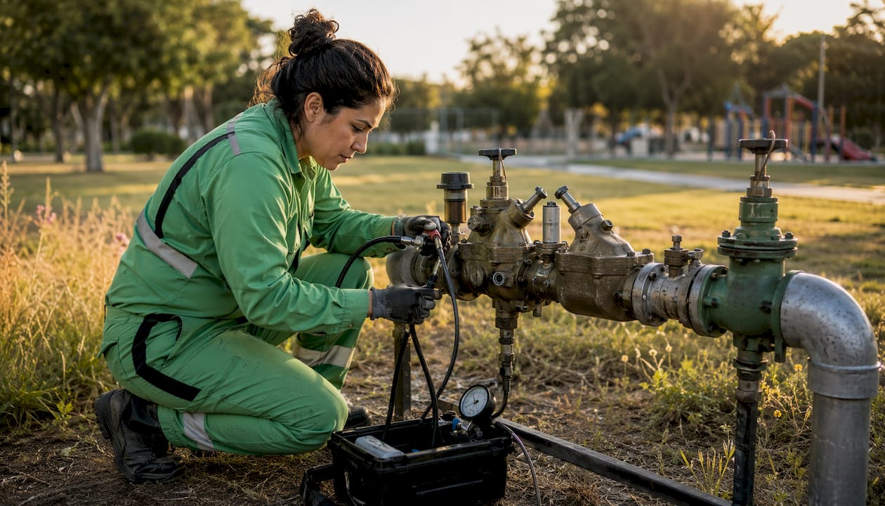 Female plumber testing large backflow assembly