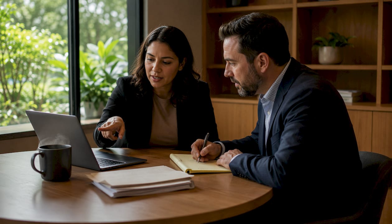 Two professionals reviewing compliance software together