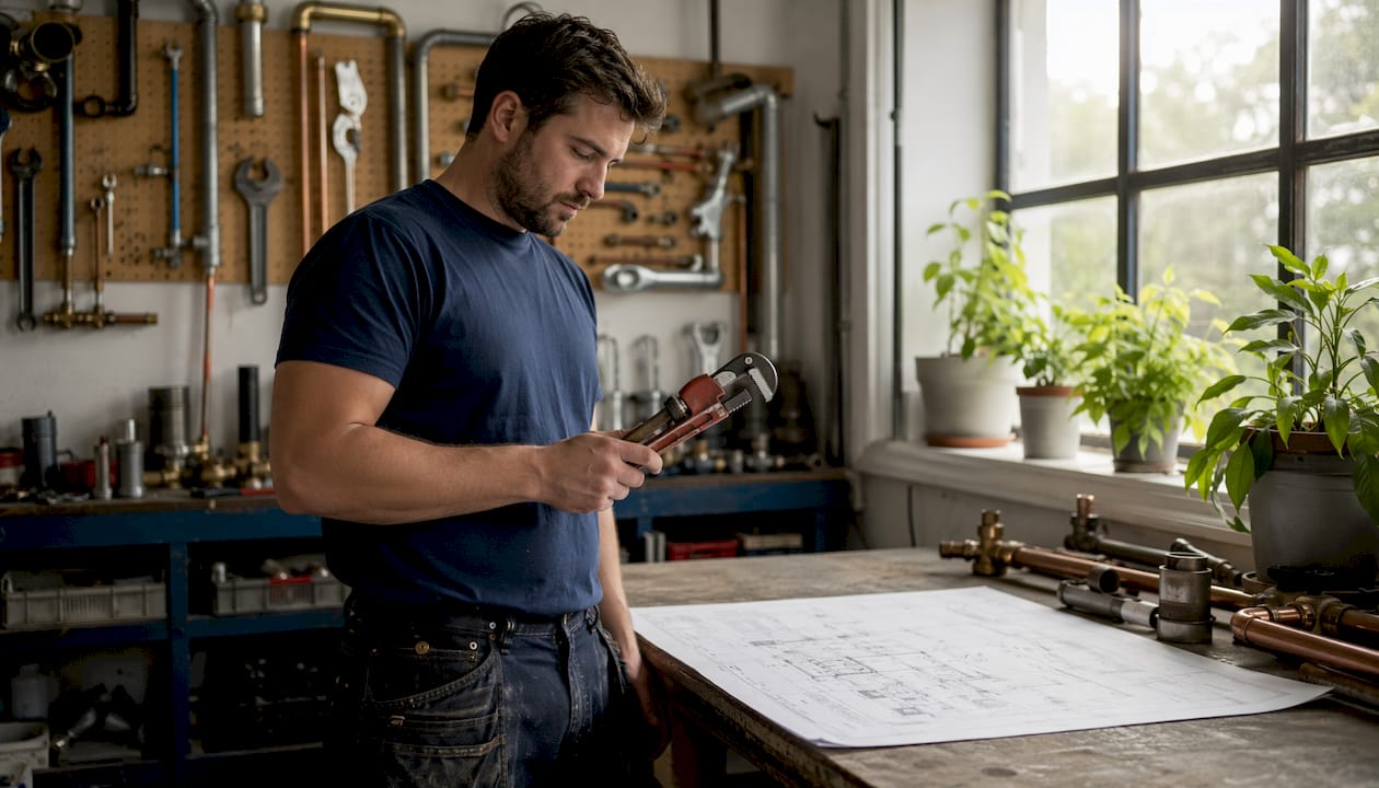 Licensed plumber inspecting aged utility room