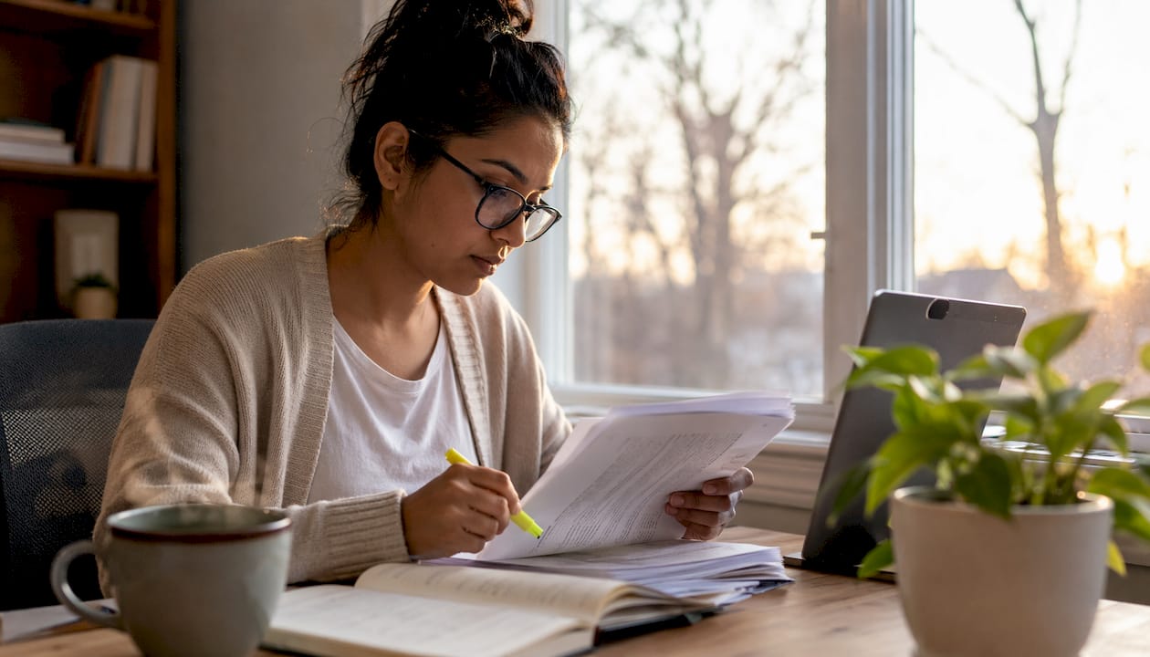 Woman reviewing plumbing service papers at kitchen table