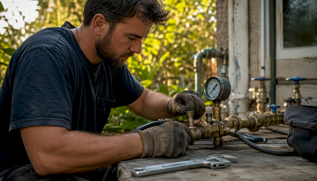 Technician calibrating backflow testing device close-up