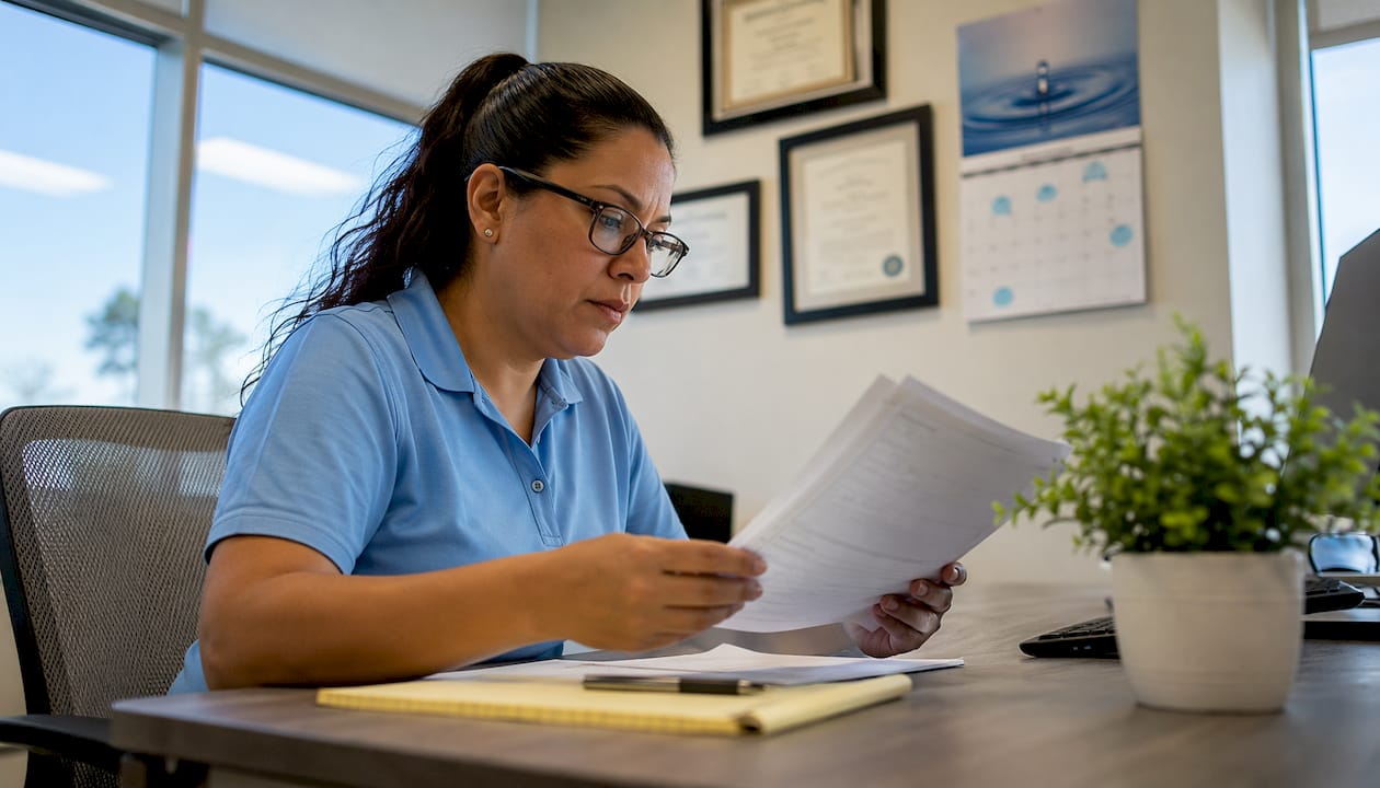 Backflow tester reviewing certification paperwork at municipal office
