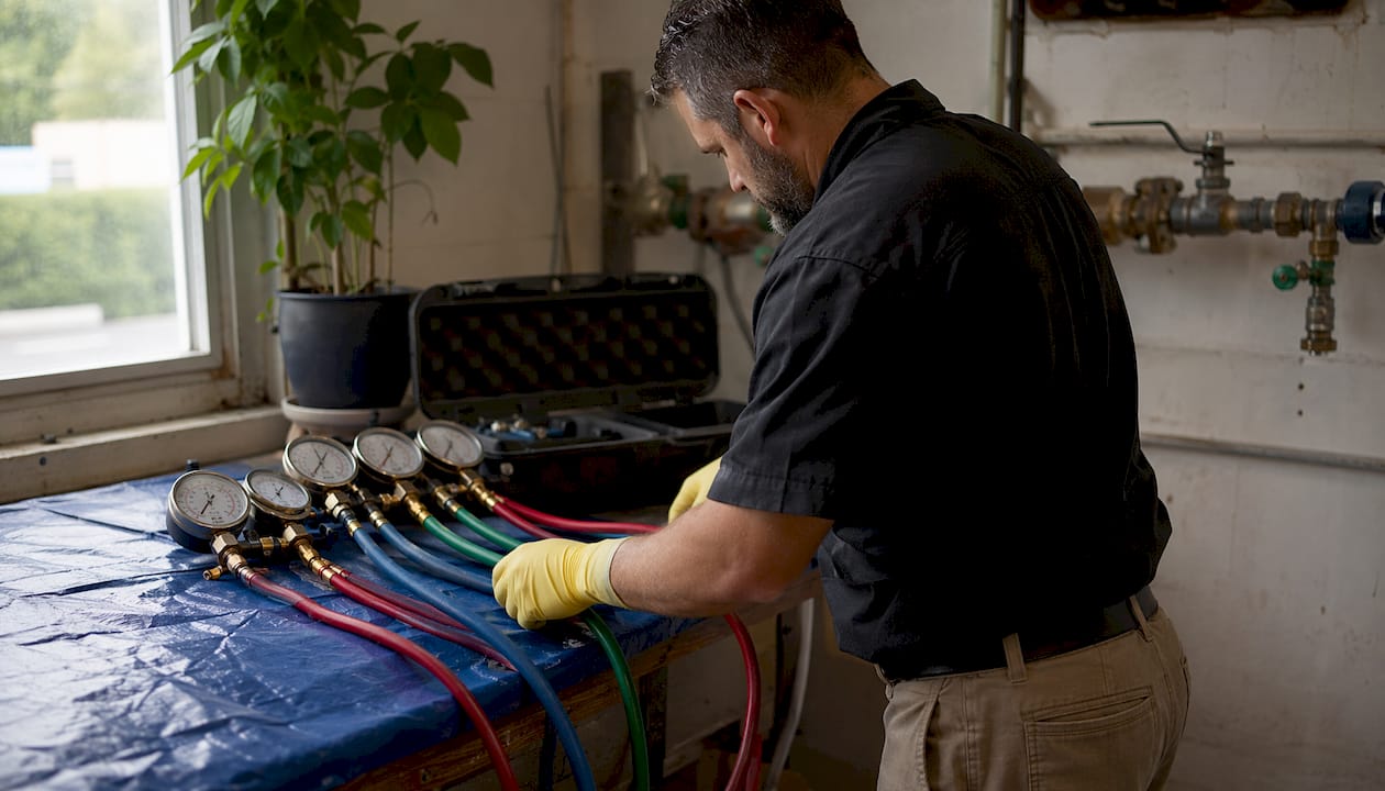 Technician hands arranging RPZ test kit indoors