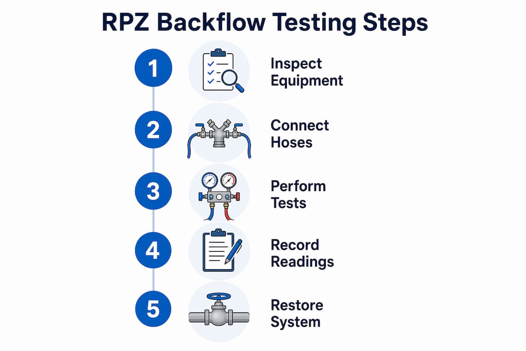 Infographic showing step-by-step RPZ backflow test procedure