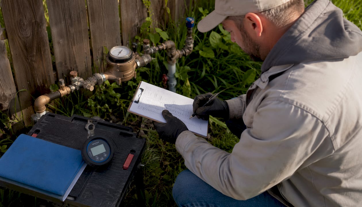 Hands checking RPZ valve installation checklist