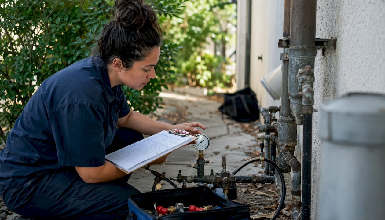 Hands checking backflow test gauge and checklist