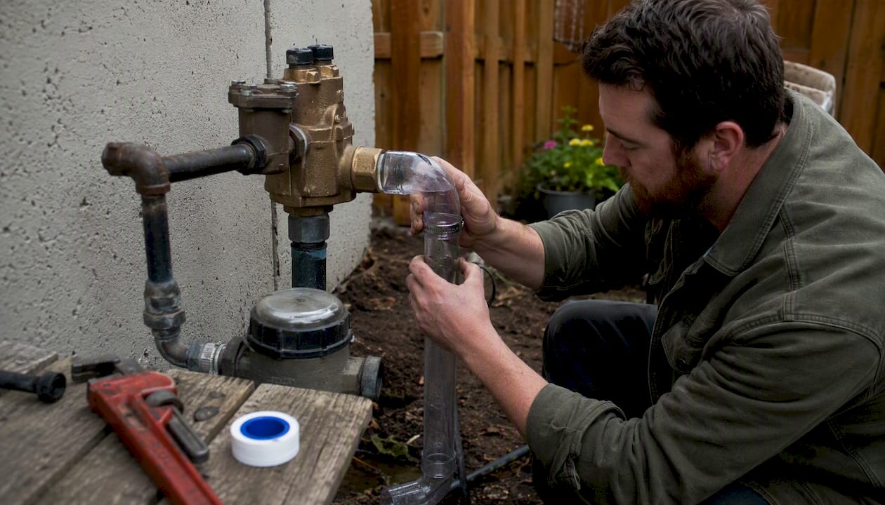Hands fitting gravity drainage pipe on RPZ relief valve