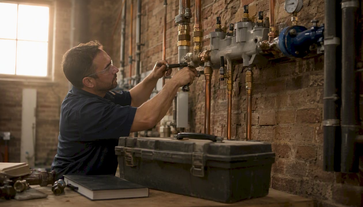 Plumber installing RPZ assembly in mechanical room