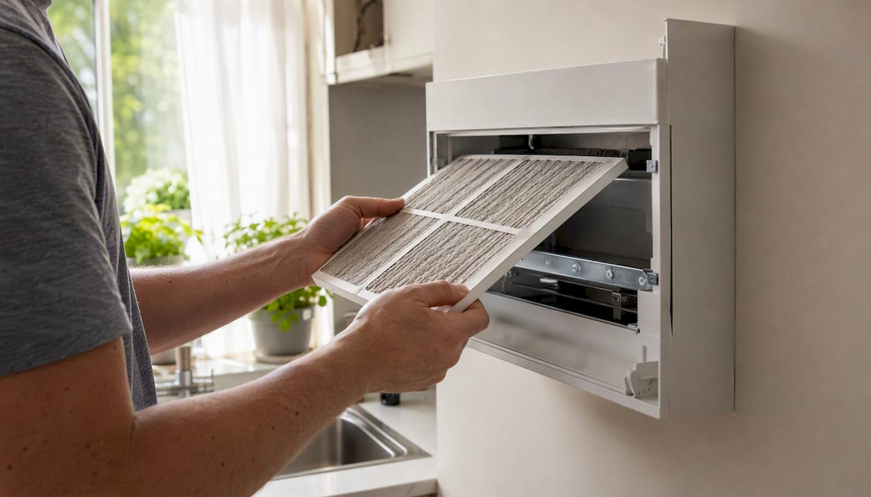 Hands installing HVAC air filter indoors