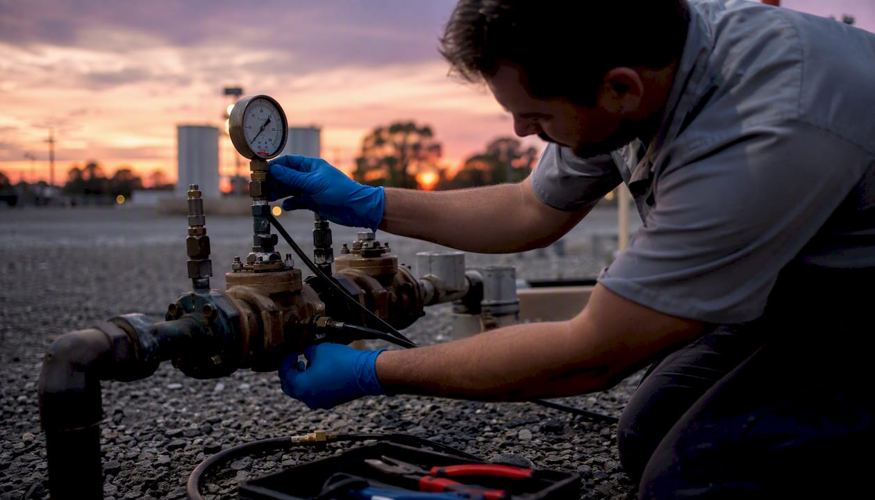 Hands testing RPZ backflow assembly outdoors