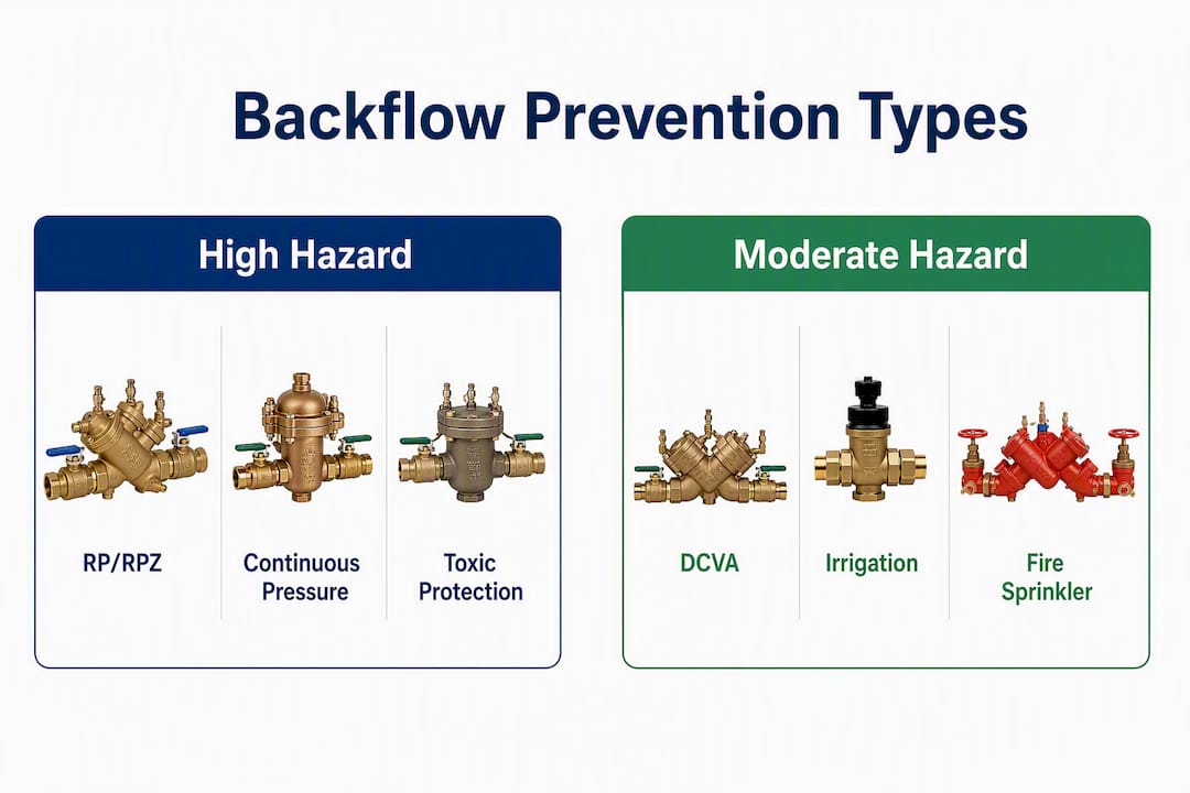 Infographic comparing backflow prevention assembly types by hazard level