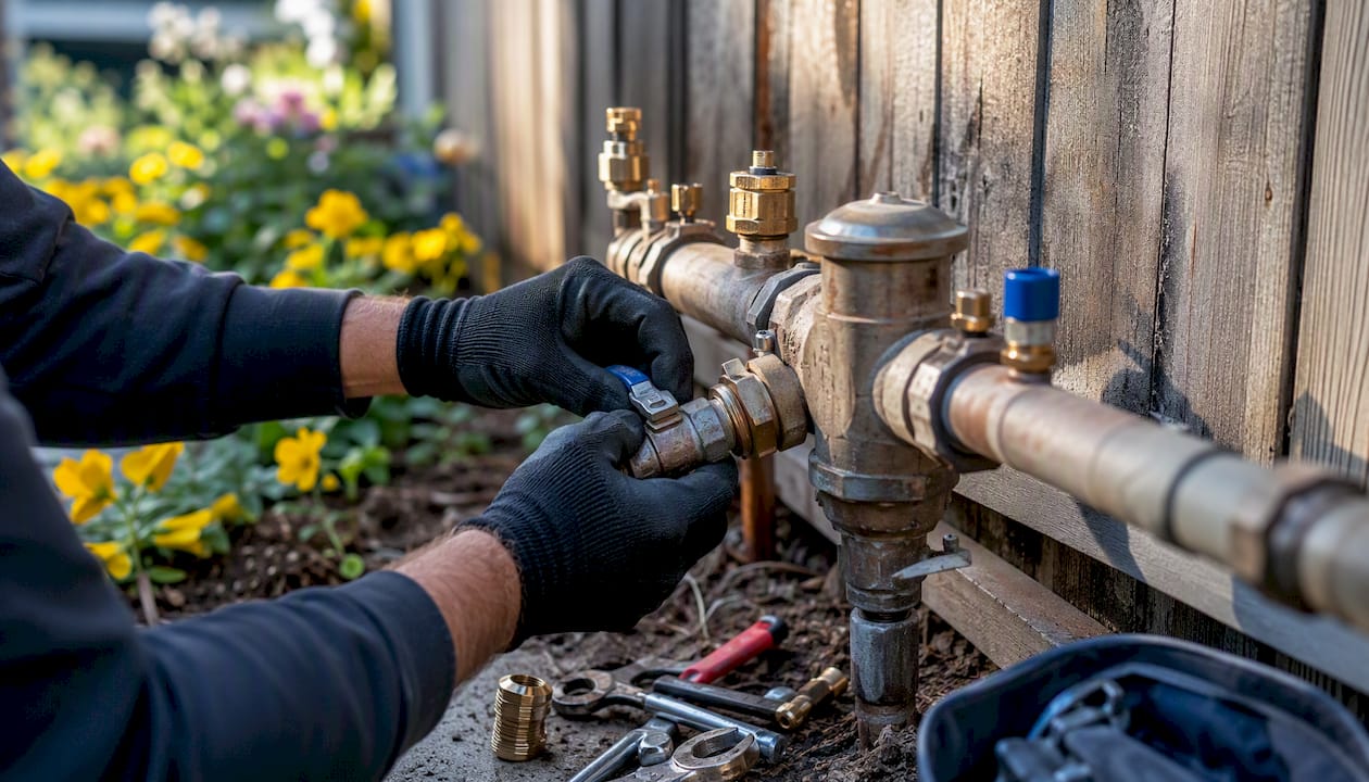 Hands inspecting backflow shutoff valve