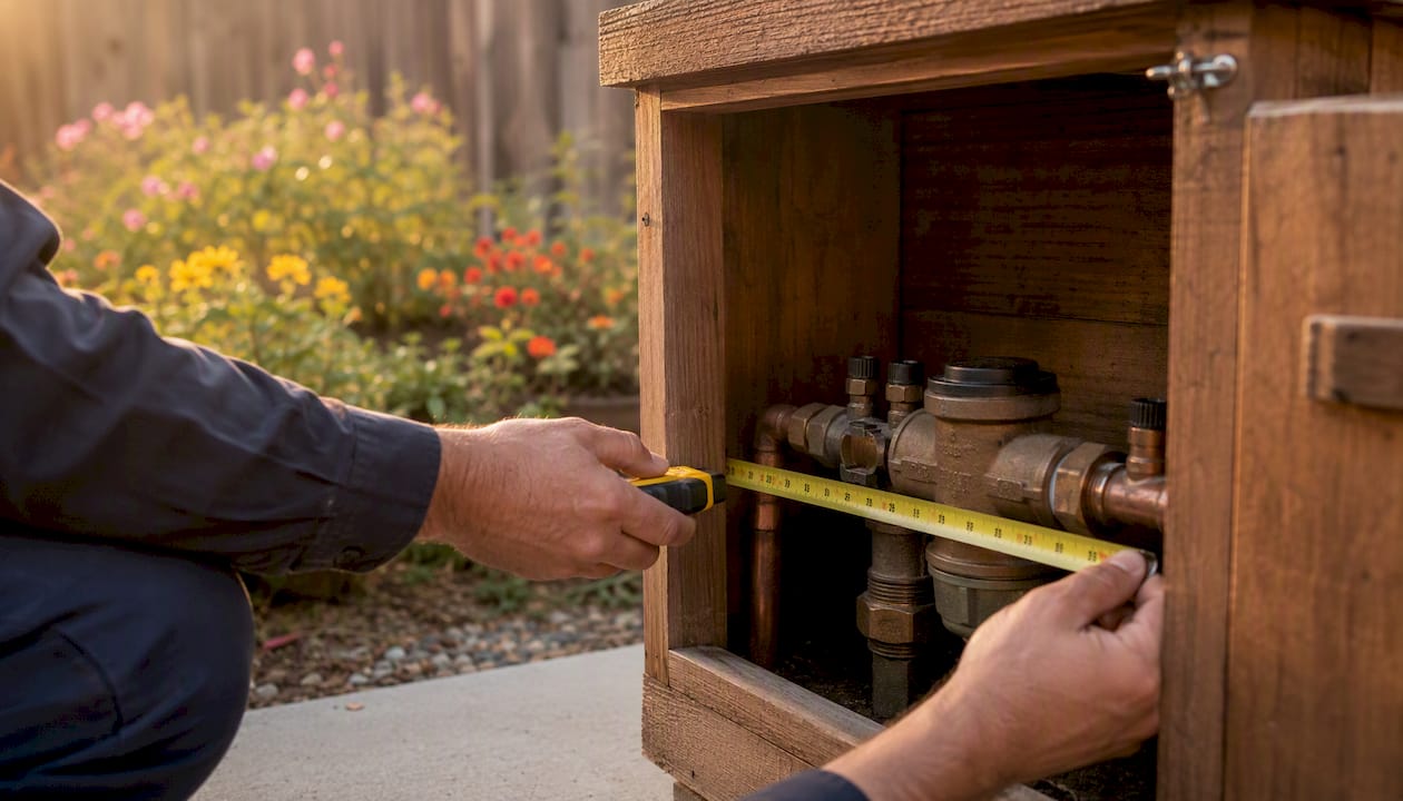 Hands measuring clearance of backflow device