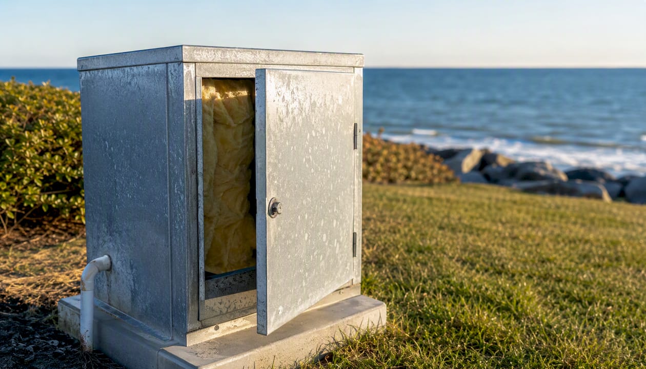 Coastal aluminum backflow enclosure showing weather resistance