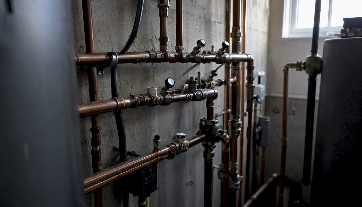 Close-up of plumbing and valves in mechanical room