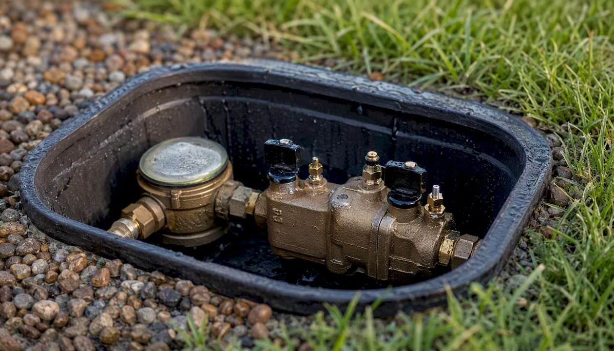 Backflow assembly placement near water meter outdoors