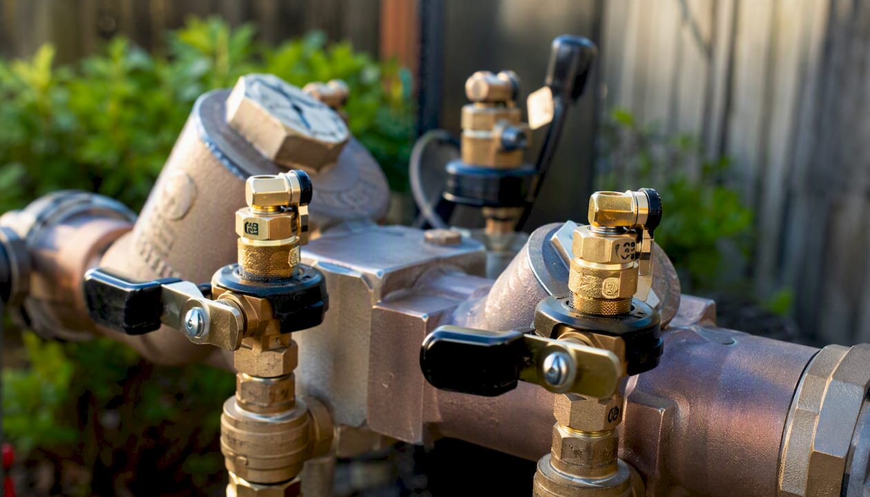 Close-up of backflow assembly test valves