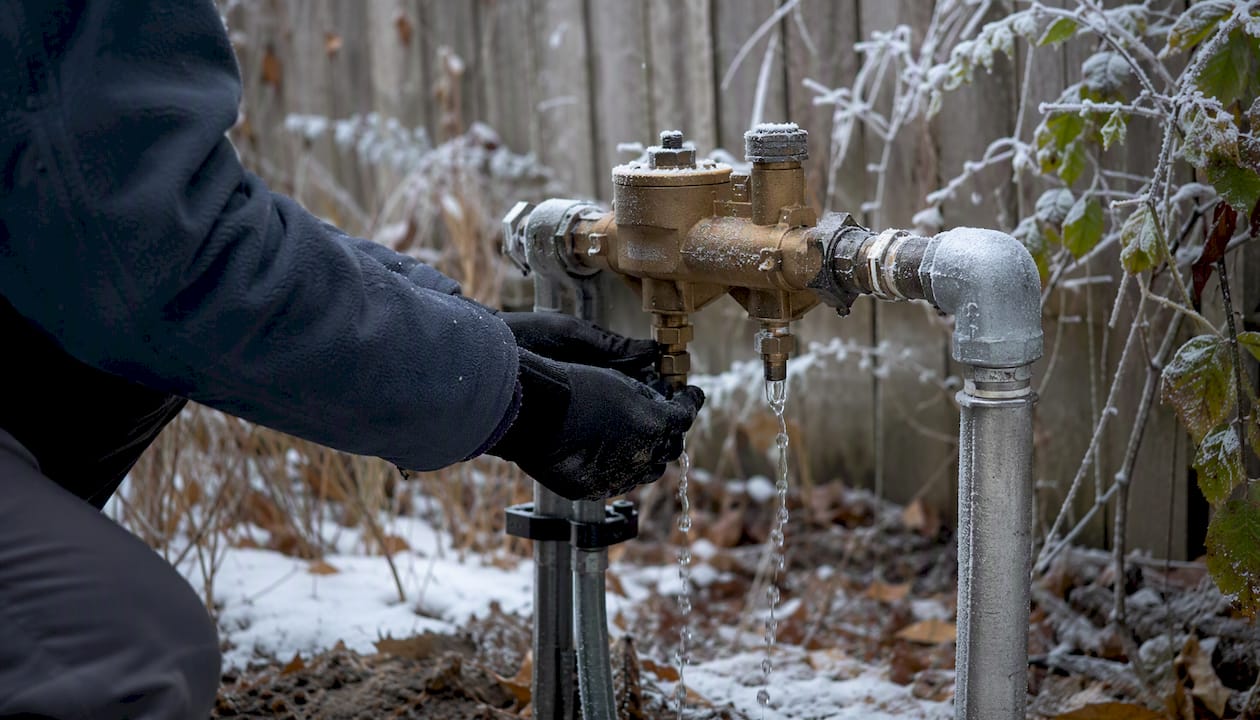 Technician winterizing outdoor pressure vacuum breaker