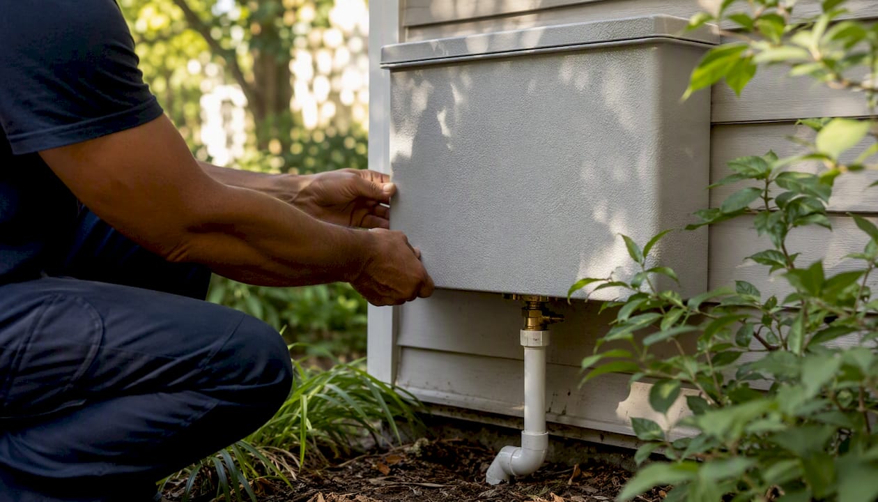 Technician hands installing insulated backflow enclosure